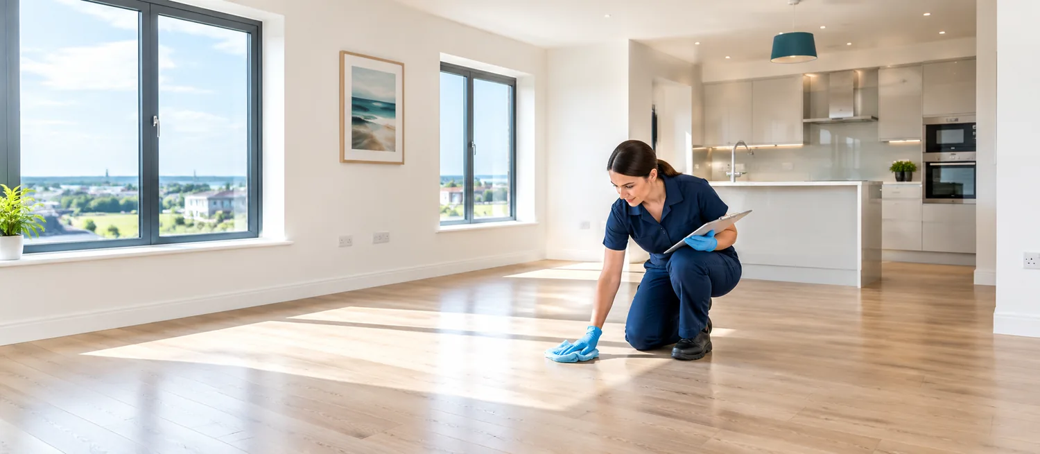 Illustrative end-of-tenancy cleaning in an empty apartment.